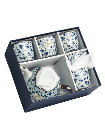 Ensemble à thé Arita motif fleurs bleu 5 pieces